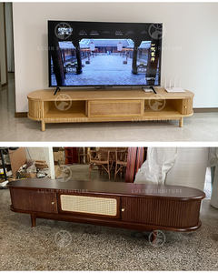 Mueble para TV de Madera Maciza de Fresno Estilo Japandi Wabi-Sabi Canadiense, Color Marrón Oscuro Elegante, con Paneles de Ratán y Detalles de Acero Inoxidable - Product Image 6