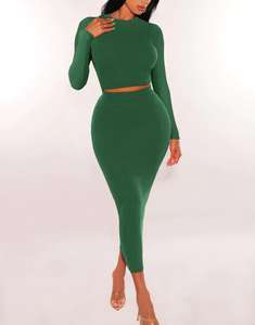 Женский винтажный комплект из 2 предметов, укороченный Топ с длинным рукавом, облегающая юбка с высокой талией, плотное платье в рубчик - Product Image 4