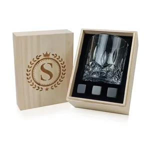 Bleifreies altmodisches kristall-drehbares Whiskyglas mit Whiskey-Steinen Geschenkset aus 3 Basalt-Whiskey-Steinen