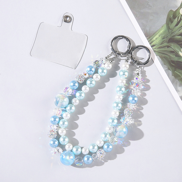 Luxury Cute Crystal Beaded Mobile Phone Double Chain Keychain Bag Mobile Phone Case Lanyard Wrist Strap for Women Girls