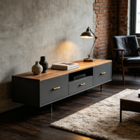 Buffet industriel noir mat personnalisé avec étagère à LED |   Portes sans poignées |   OEM ODM |   Quantité minimale de commande : 1 unité |   Conception 3D Gratuite 48h