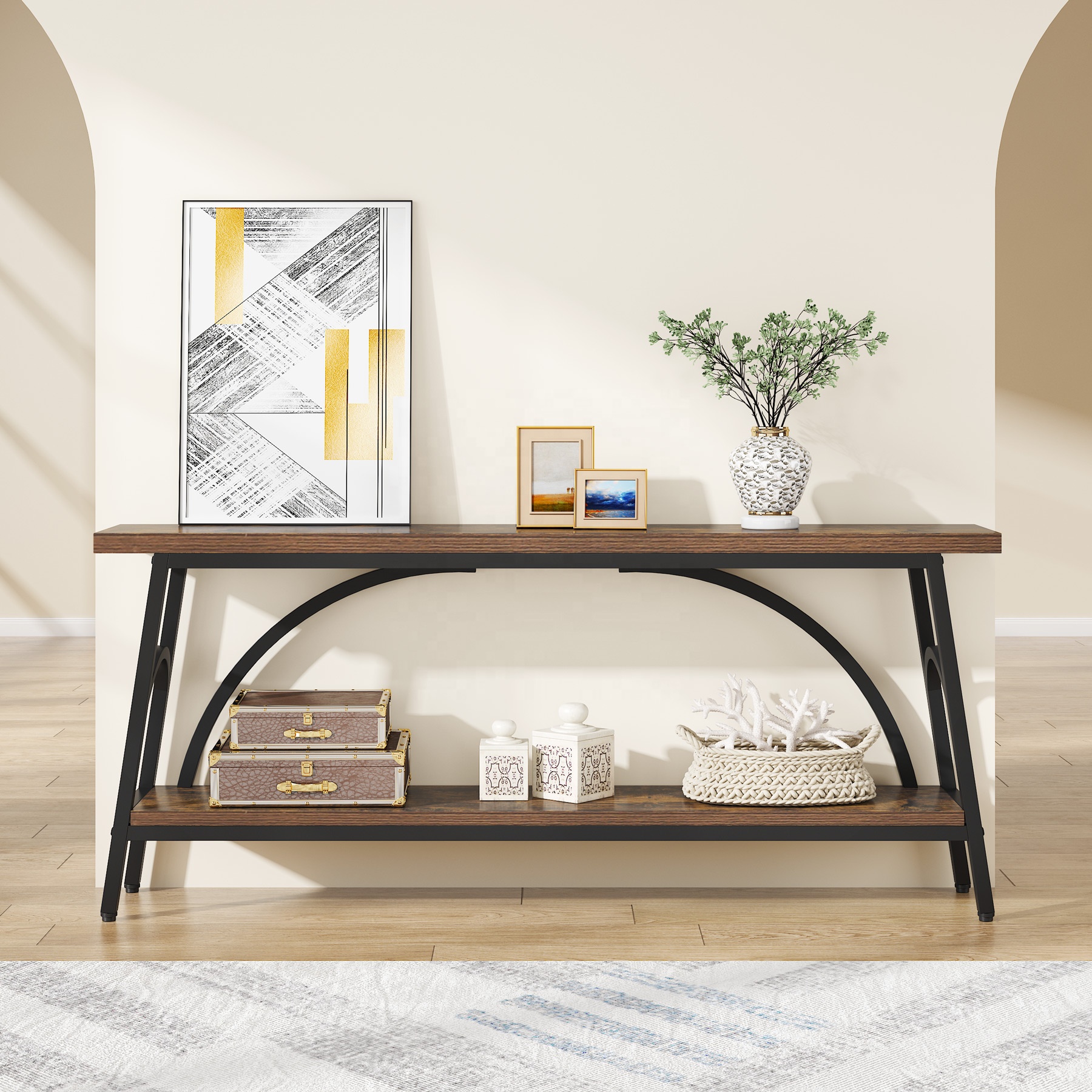 IBF Tavolo Consolle TV Rustico 160 Cm – Mobile Da Ingresso In Legno E Metallo, 3 Ripiani Portaoggetti, Stile Industriale - 2