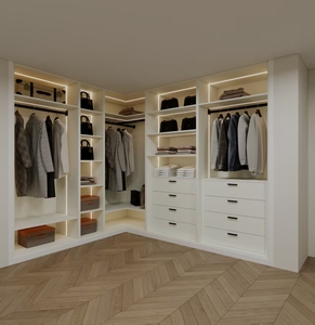Armoire d'angle autoportante personnalisable pour la chambre à coucher avec portes en panneaux mats de couleur claire et quincaillerie de haute qualité - Product Image 2