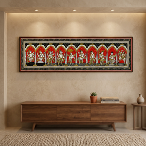 Peinture murale rectangulaire artisanale traditionnelle SriKrishna Dashavatara - Origine Orissa - Décoration suspendue pour salon intérieur - Product Image 6
