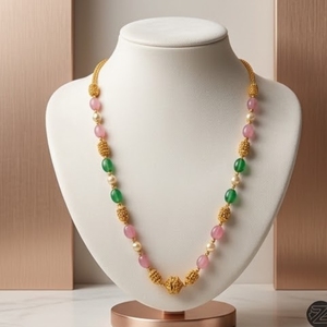 Collier Mala en argent 925 antique avec perles roses et vertes et accents de perles, bijoux ethniques traditionnels pour femmes - Product Image 3