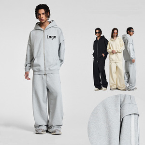 Doven Luxury High Quality 450 Gsm Streetwear Zip up Oversized Wide Leg Double Layer Men Logo Custom Hoodie and <strong>Sweatpants</strong> <strong>Set</strong> - Product Image 1