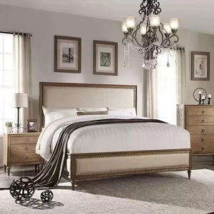 Vintage French Upholstered Panel <b>Bed</b> Solid Oak <b>Frame</b> Nailhead Trim Farmhouse Bedroom <b>Bed</b> Multiple Size Available - Product Image 5