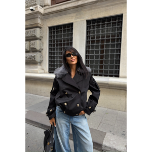 Long Vintage <b>Trench</b> <b>Coat</b> with <b>Black</b> PU <b>Leather</b> and Faux Fur Collar Double-Breasted Waterproof Cotton-Padded Print Decoration - Product Image 2