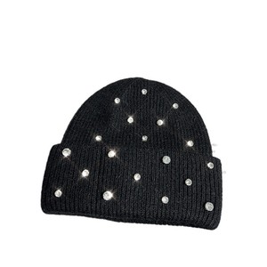 Gorro de lana para mujer, cálido para invierno, tejido grueso con pedrería, cubrecabezas moderno, negro, blanco, rosa, gris - Product Image 5