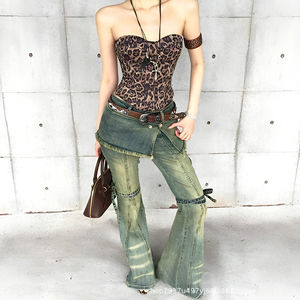 Maßgeschneiderte Hot-Retro-Jeans mit hoher Elastizität und niedriger Taille, gewaschen, Distressed-Look, ausgestellte Slim-Fit-Denim-Hose im Fake-Two-Piece-Stil - Product Image 2