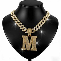 Collar con Colgante de Letra M con Incrustaciones de Diamantes para Hombre, Cadena Cubana de Aleación Plateada, Joyería Hip Hop Personalizada, Accesorios de Moda Masculinos