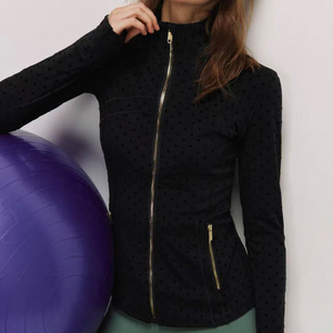 USA Black Spotted Breathable Seamless Quick Drying Stand Collar Gold Zipper Spandex/Nylon <b>Yoga</b> <b>Jacket</b> for Women Fitness <b>Yoga</b> - Product Image 1