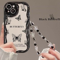 Coque de téléphone portable en TPU avec motif papillon noir pleine surface et bracelet perlé pour iPhone 6 7 8 X Xr XS 11 12 13 14 15 16 17 Pro Max