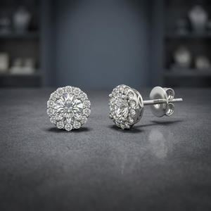 Pendientes de Oro de 18K y 14K con Diamantes, Diseño de Halo Redondo Festoneado, Florales, para Novia, Joyería Fina para Mujer - Product Image 2