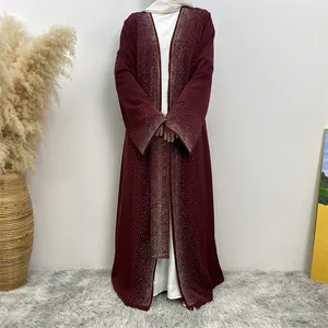 Diseños de tela de capucha Abaya para mujer de piedra coreana con botones de diamante ropa islámica turca Dubai 2023 elegante