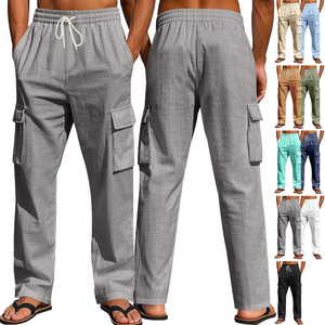 Pantaloni <span class=keywords><strong>Cargo</strong></span> da Uomo 95% <span class=keywords><strong>Lino</strong></span> Multitasche Casual con Coulisse Gamba Dritta Estivi Taglie Forti Abbigliamento Outdoor All'ingrosso - Product Image 3