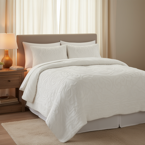 D0100HR27KP Tufted Cotton Chenille <b>Comforter</b> <b>Set</b> White 3 Piece Bedding Medallion Design - Product Image 2