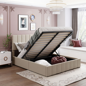 <b>Queen</b> <b>Size</b> Adjustable Upholstered Platform <b>Bed</b> with Hydraulic Storage System-Modern Beige Apartment-Friendly - Product Image 1