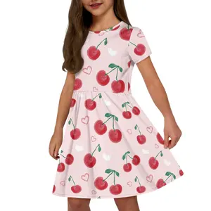 Factory Outlet Teen Girls Pocket Dress Sublimación Cute Cherry Fruit Pattern Falda infantil con proveedores OME Vestidos de talla grande