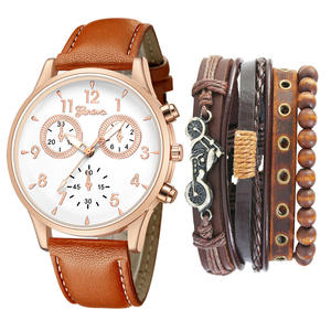 Ensemble de montres à quartz décontractées à la mode pour hommes, <span class=keywords><strong>bracelet</strong></span> en cuir de vachette tissé à deux cercles, 5 pièces/ensemble, type d'entreprise avec affichage du <span class=keywords><strong>cadran</strong></span> et pointeur - Product Image 6