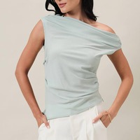 Kaos Tank Top Wanita Polos Desain Grafis Grosir Kustom, Kerah Sabrina, Slim Fit, Tanpa Motif