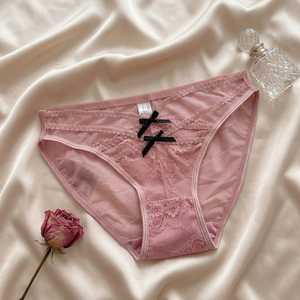 Culotte de bikini rose en dentelle pour femme, taille basse, avec nœud décoratif croisé, transparente, sexy, respirante, lingerie féminine - Product Image 2