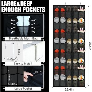 40 Pocket Over The Door <b>Shoe</b> Organizer Black Hanging Mesh Rack For Closet Behind Door Storage With <b>Hook</b> Type Installation - Product Image 3