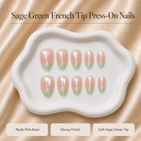 Y86 Kaixin Faux ongles à presser vert doux French Tip Cat Eyes, base rose nude, bordure French, Nail Art
