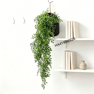 Planta Artificial Colgante <span class=keywords><strong>de</strong></span> Hojas <span class=keywords><strong>de</strong></span> Melón Falsas en Maceta <span class=keywords><strong>de</strong></span> Cerámica Negra con Hojas Flocadas para Decoración <span class=keywords><strong>de</strong></span> Pared - Product Image 1