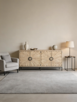 Buffet de rangement moderne en bois de récupération à 4 portes avec base en fer argenté antique pour salon ou hôtel