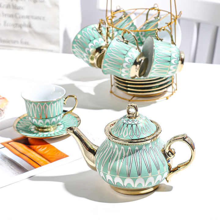 Gold Rim Porcelain Tea Cup Set Teapot Chinese Tea Pot and Cup Sets Decor 3pcs Ceramic Tea Pot with Cup and Saucer