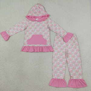 Wholesale Casual <b>Cute</b> Floral Bunny Pattern Eco-Friendly Kids Sister Matching Clothes Ruffle Hoodie Bell Bottom Pant Set - Product Image 2