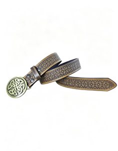 Hebilla de Cinturón Redonda de Aleación de Zinc con Nudo Celta Vintage, Cinturón Casual Occidental de Cuero PU con Grabado Floral para Hombre - Product Image 5