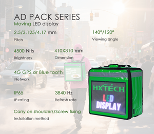 Mochila LED a Todo Color HXTECH, Pantalla Publicitaria, Resistente al Agua IP65, Píxel de <span class=keywords><strong>2</strong></span>.5mm, Uso en Interiores y Exteriores, Bolsa 3D para Entrega de Comida - Product Image 3