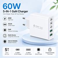 Chargeur mural rapide multi-ports HNT 60W 5-en-1 avec prise UE, adaptateur de charge PD coloré certifié CE FCC RoHS pour iPhone 17/16/15