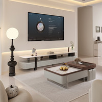 Ensemble de meuble TV et table basse en marbre et bois avec éclairage LED, design flottant noir pour salon, style moderne et luxueux