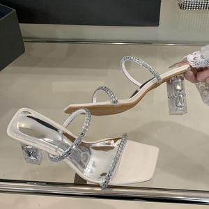 Sandales d'été tendance pour femme XSD, à talon haut argenté, bout ouvert, talon carré, pantoufles en cristal respirantes - Product Image 3