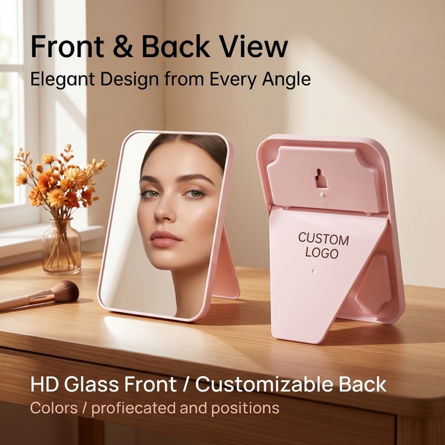 Simple dormitory desk with height-adjustable surface and a desktop makeup and grooming mirror