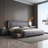 Cadre de lit King/Queen personnalisable en cuir minimaliste avec rembourrage confortable, structure en bois de pin, rangement intégré, écologique