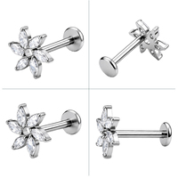 Piercing corporel en titane ASTM F136 G23 plaqué or, forme fleur, 6 zircons marquise, pour labret, tragus, cartilage, hélix, conque, lèvre