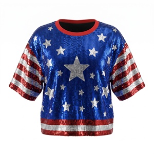 Independence Day <strong>Crop</strong> <strong>Top</strong> in Red <strong>White</strong> Blue <strong>Sequins</strong> Loose Fit Polyester Canvas Summer Casual Embroidered Design - Product Image 2