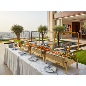 XINGPAI árabe hotel <span class=keywords><strong>restaurante</strong></span> suministros chaffers plato <span class=keywords><strong>de</strong></span> frotamiento calentador <span class=keywords><strong>de</strong></span> <span class=keywords><strong>comida</strong></span> platos <span class=keywords><strong>de</strong></span> frotamiento <span class=keywords><strong>de</strong></span> oro <span class=keywords><strong>de</strong></span> lujo para catering - Product Image 1