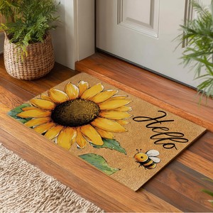 Tapis de porte Cangming en imitation fibre de coco, motif tournesol et abeille, antidérapant, lavable, tapis d'entrée, style moderne - Product Image 1