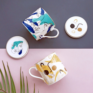Minimalist Bone China Mug with <b>Lid</b> - Modern Abstract Face Design <b>Coffee</b> Milk <b>Cup</b> - Product Image 2