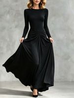 Robe longue de soirée formelle pour femme à manches longues, col rond, taille torsadée, froncée devant, coupe évasée fluide