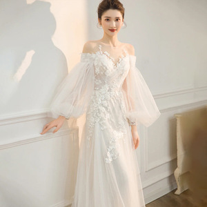 Robe <span class=keywords><strong>de</strong></span> mariée longue à manches longues, style Mori, ultra féerique, pour mariée <span class=keywords><strong>de</strong></span> rêve, style coréen, pour séance photo en extérieur, épaules dénudées, coupe princesse - Product Image 1