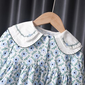 Girls Knitted Sweater And Floral Dress Set Blue Cotton Country Style Outfit For Autumn - Product Image 3