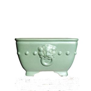 <b>Square</b> Ceramic Lion Face Bonsai Pot Blue Glaze Drum Shape <b>Planters</b> For Indoor Outdoor Use - Product Image 5