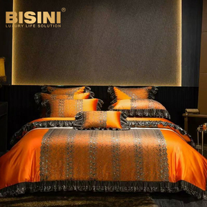 Parure de lit en dentelle orange haut de gamme, luxe européen, soie, quatre pièces, pour villa, douce pour la peau, coton à fibres longues - Product Image 1