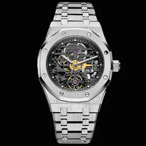 Custom Logo Luxury All Solid Stainless Steel Brush Skeleton Mechanical Automatic Wrist Watch For Man